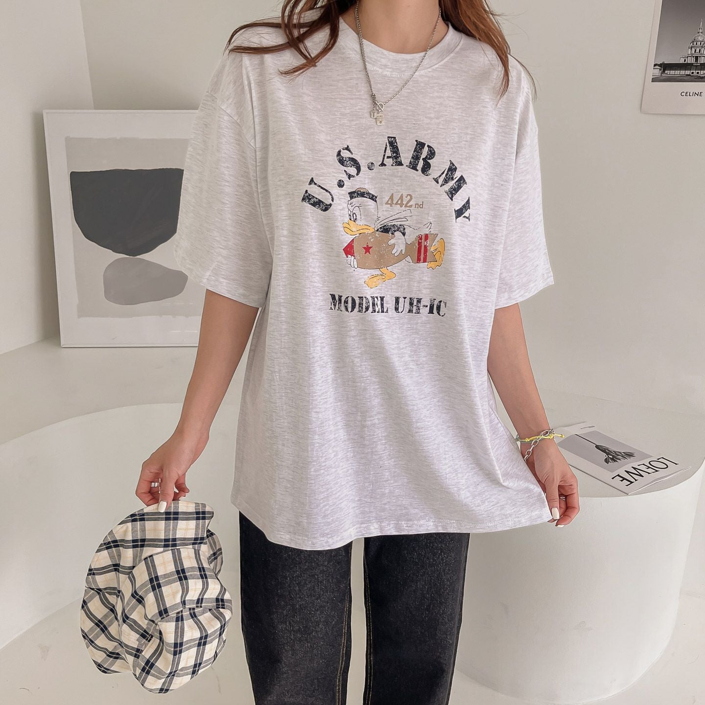 US Army Print Overfit Boxy Cotton T-shirts