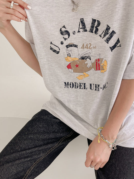 US Army Print Overfit Boxy Cotton T-shirts