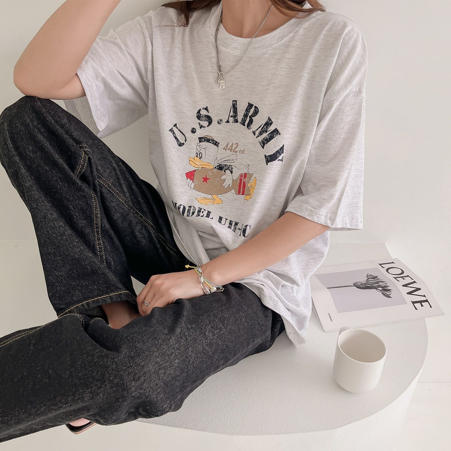 US Army Print Overfit Boxy Cotton T-shirts