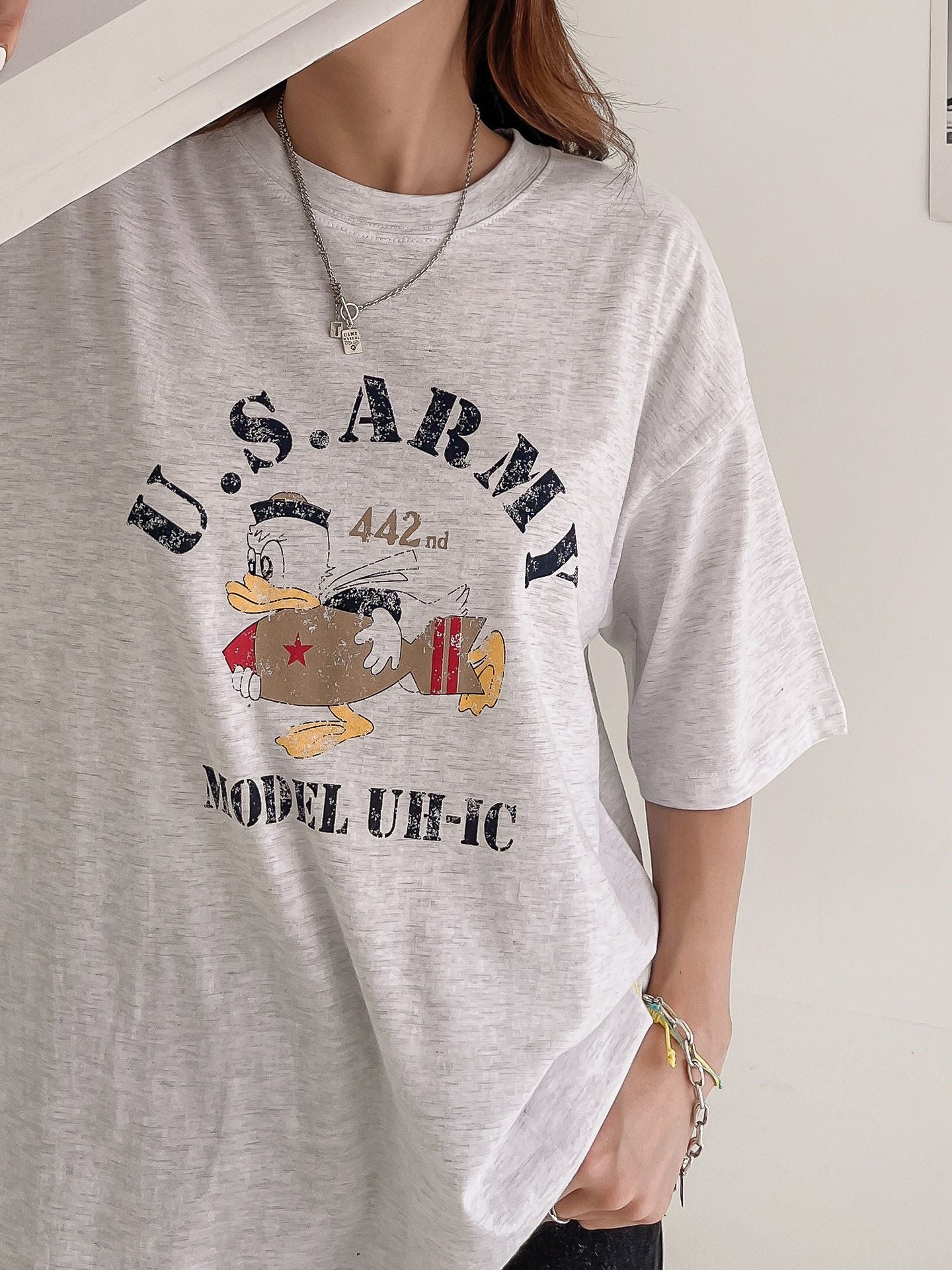 US Army Print Overfit Boxy Cotton T-shirts