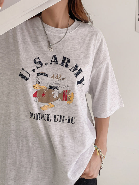 US Army Print Overfit Boxy Cotton T-shirts