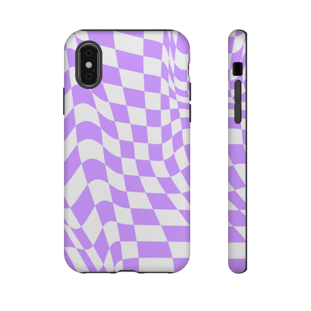 Old School Checkered Retro Groovy Vibe Wavy Checkerboard Phone Case / Purple