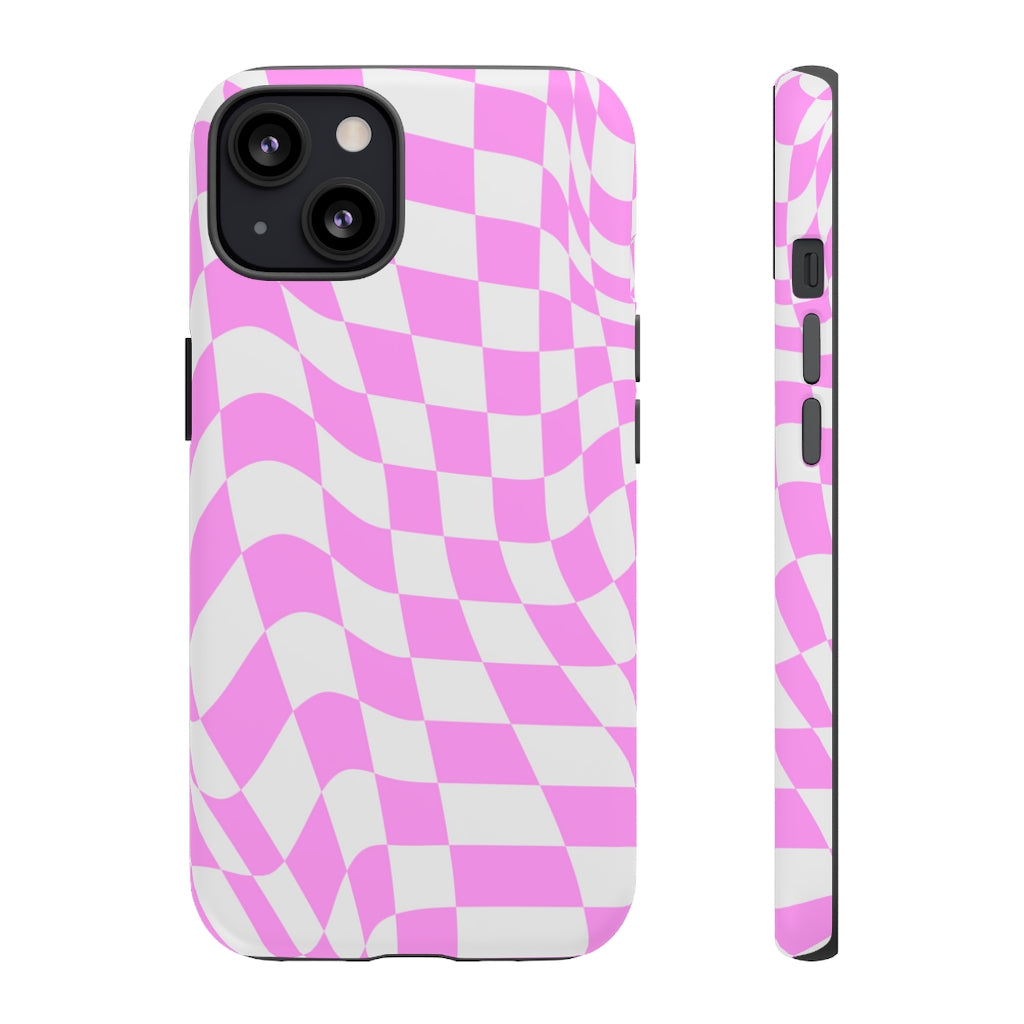 Old School Checkered Retro Groovy Vibe Wavy Checkerboard Phone Case / Pink