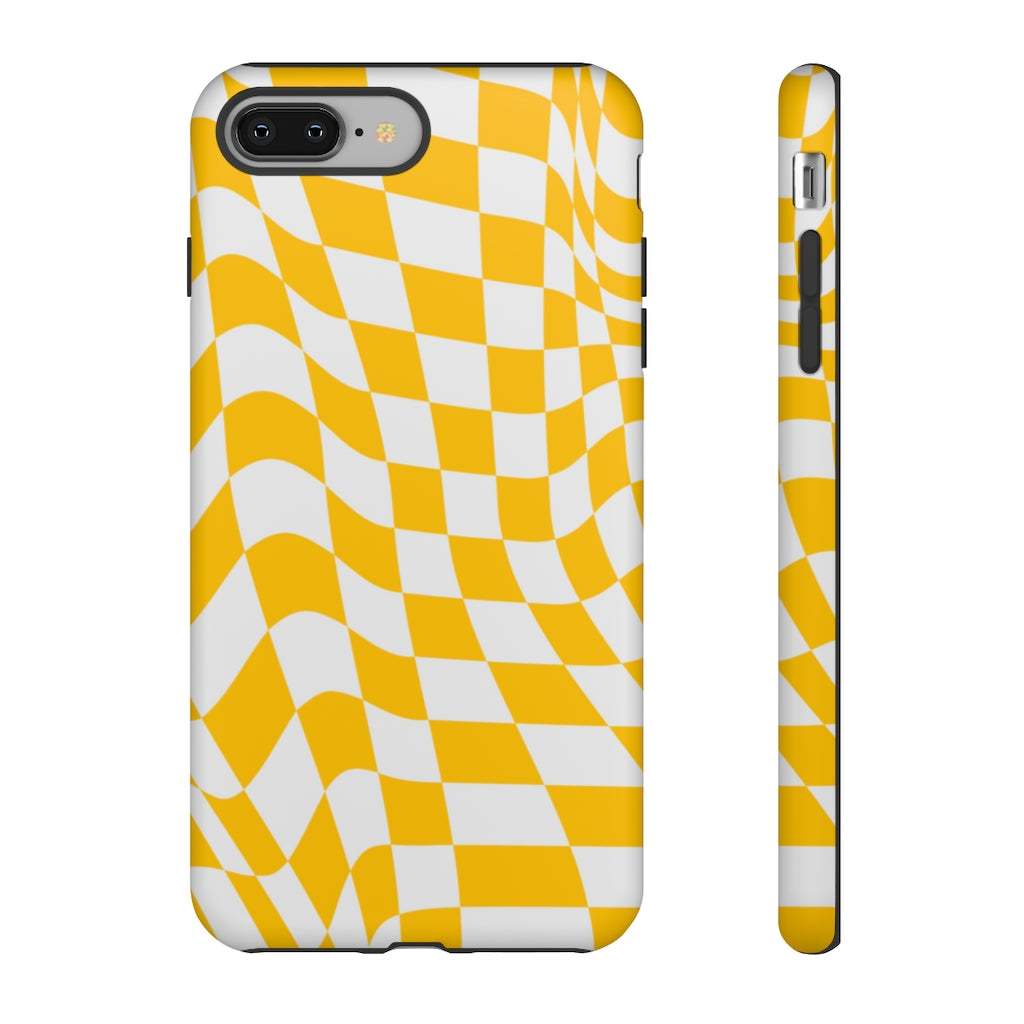 Old School Checkered Retro Groovy Vibe Wavy Checkerboard Phone Case / Yellow