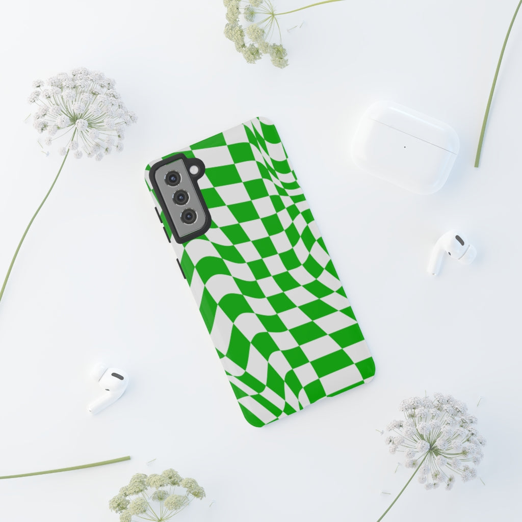 Old School Checkered Retro Groovy Vibe Wavy Checkerboard Phone Case / Retro Green