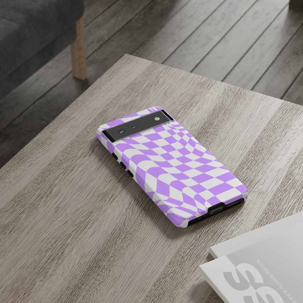 Old School Checkered Retro Groovy Vibe Wavy Checkerboard Phone Case / Purple