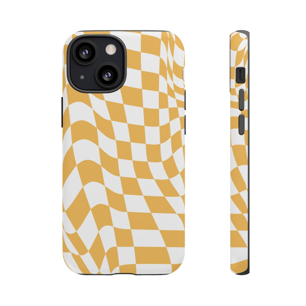Old School Checkered Retro Groovy Vibe Wavy Checkerboard Phone Case / Retro Tan