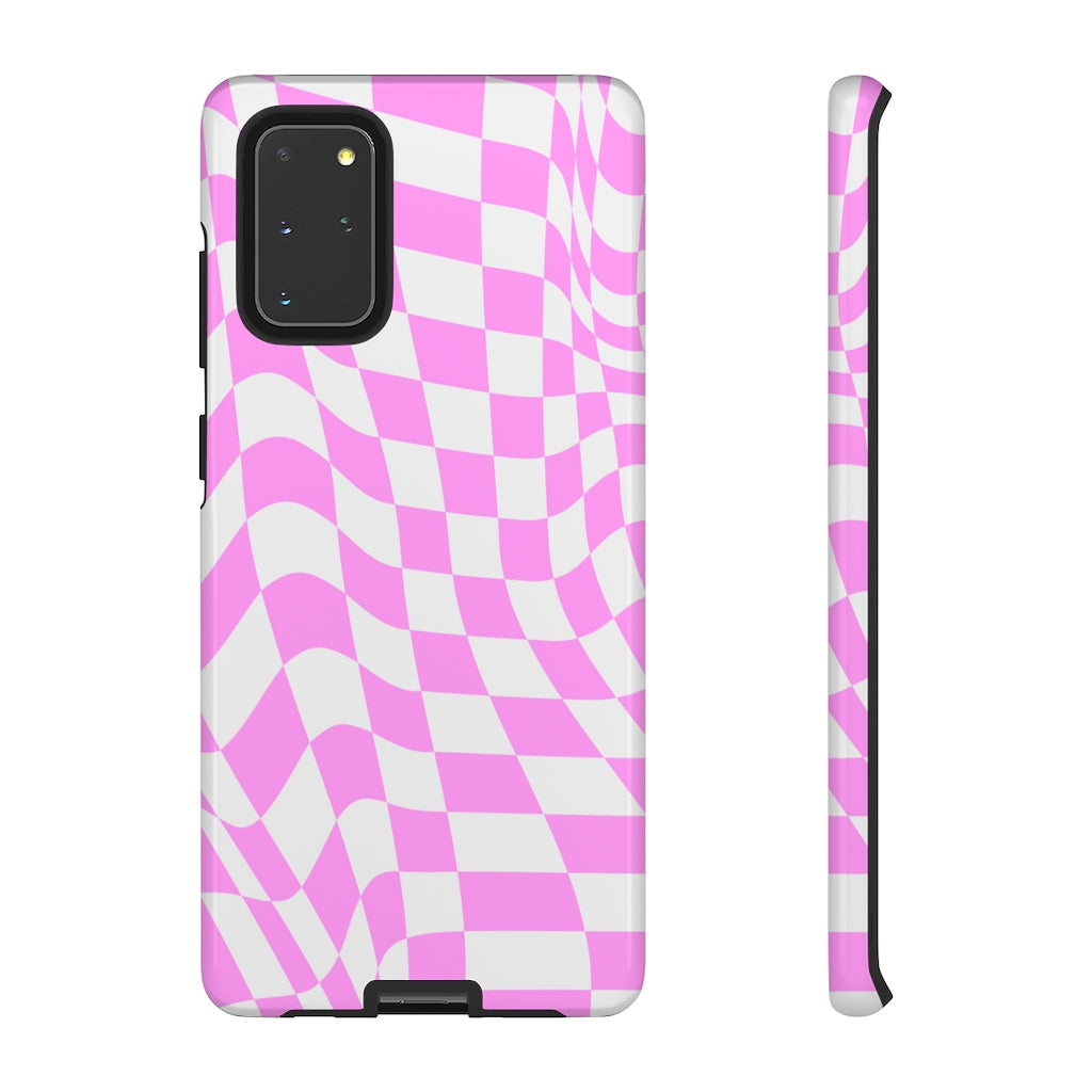 Old School Checkered Retro Groovy Vibe Wavy Checkerboard Phone Case / Pink