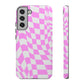 Old School Checkered Retro Groovy Vibe Wavy Checkerboard Phone Case / Pink