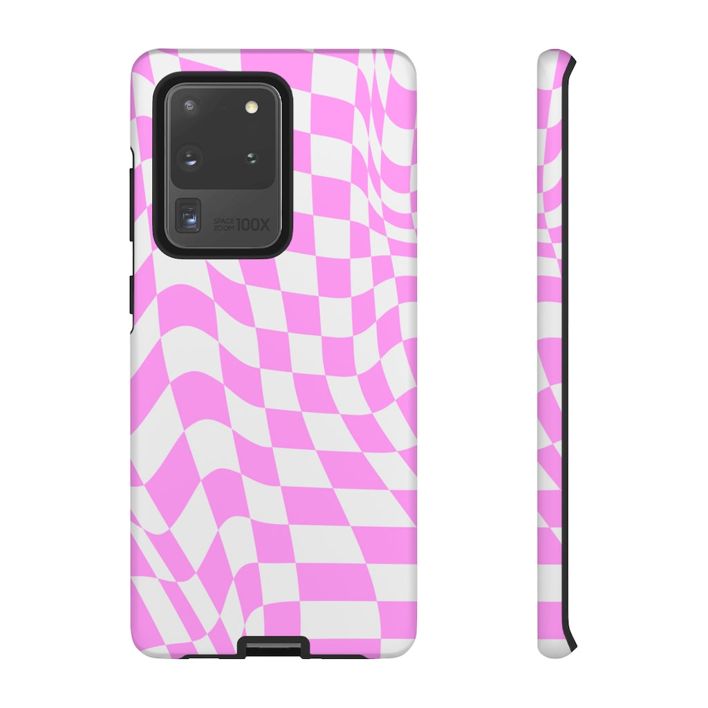 Old School Checkered Retro Groovy Vibe Wavy Checkerboard Phone Case / Pink