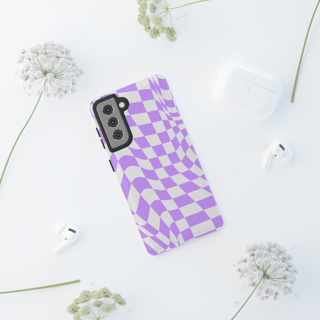Old School Checkered Retro Groovy Vibe Wavy Checkerboard Phone Case / Purple