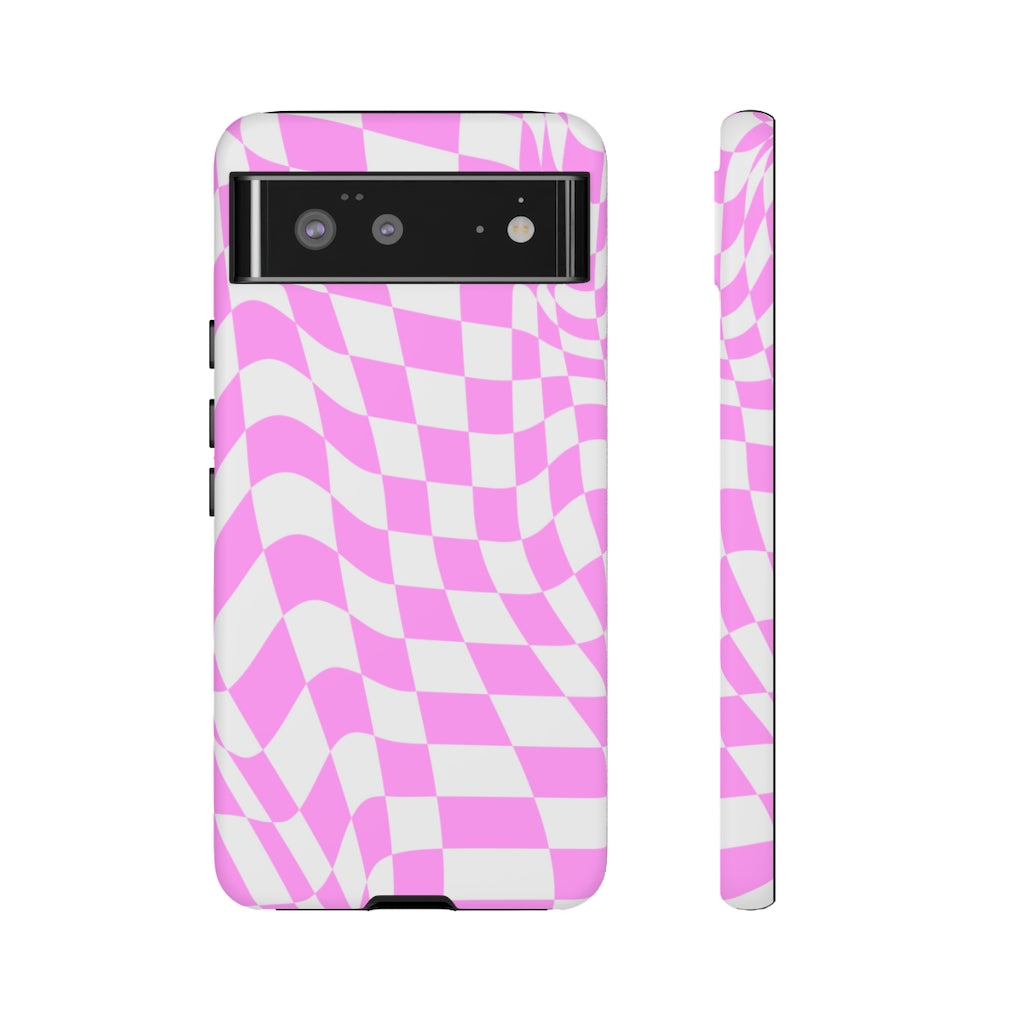 Old School Checkered Retro Groovy Vibe Wavy Checkerboard Phone Case / Pink