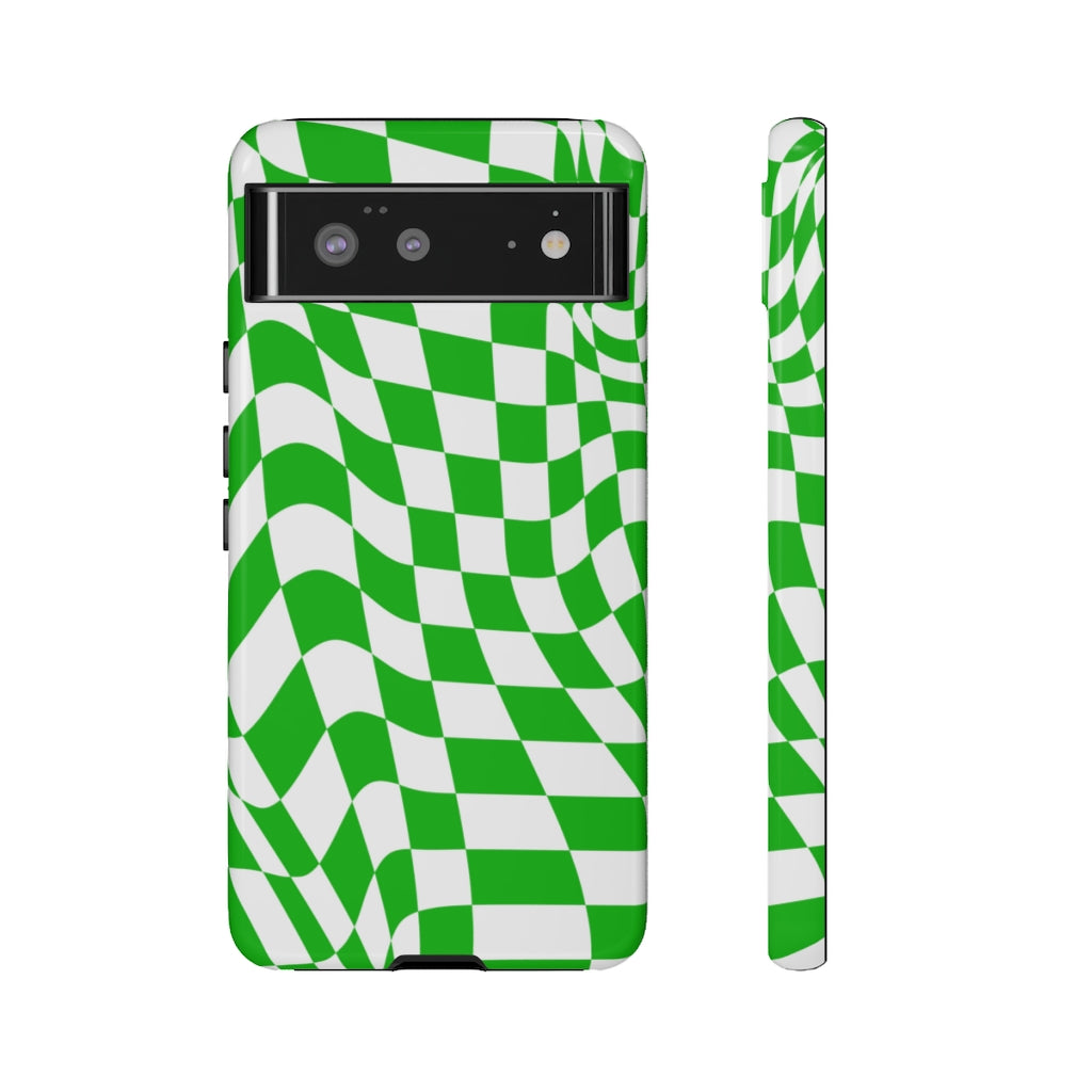 Old School Checkered Retro Groovy Vibe Wavy Checkerboard Phone Case / Retro Green