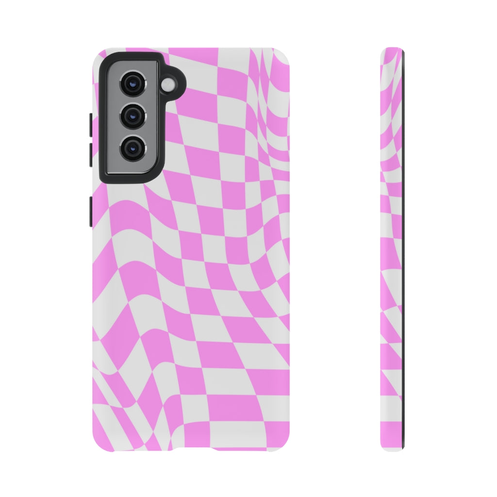 Old School Checkered Retro Groovy Vibe Wavy Checkerboard Phone Case / Pink