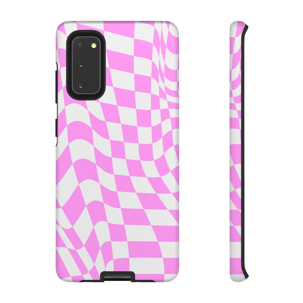 Old School Checkered Retro Groovy Vibe Wavy Checkerboard Phone Case / Pink