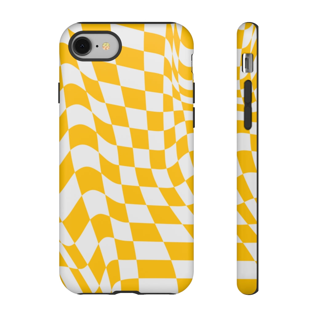 Old School Checkered Retro Groovy Vibe Wavy Checkerboard Phone Case / Yellow
