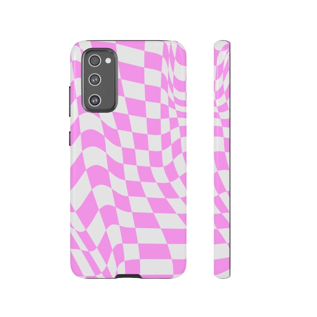 Old School Checkered Retro Groovy Vibe Wavy Checkerboard Phone Case / Pink