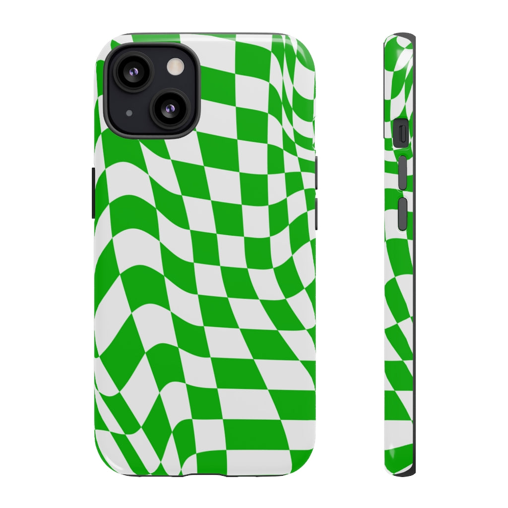 Old School Checkered Retro Groovy Vibe Wavy Checkerboard Phone Case / Retro Green