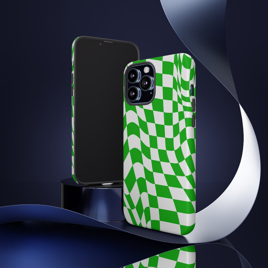 Old School Checkered Retro Groovy Vibe Wavy Checkerboard Phone Case / Retro Green