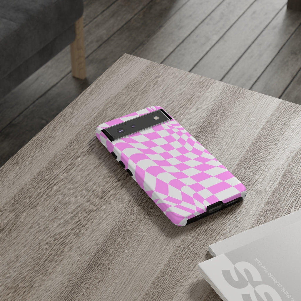 Old School Checkered Retro Groovy Vibe Wavy Checkerboard Phone Case / Pink