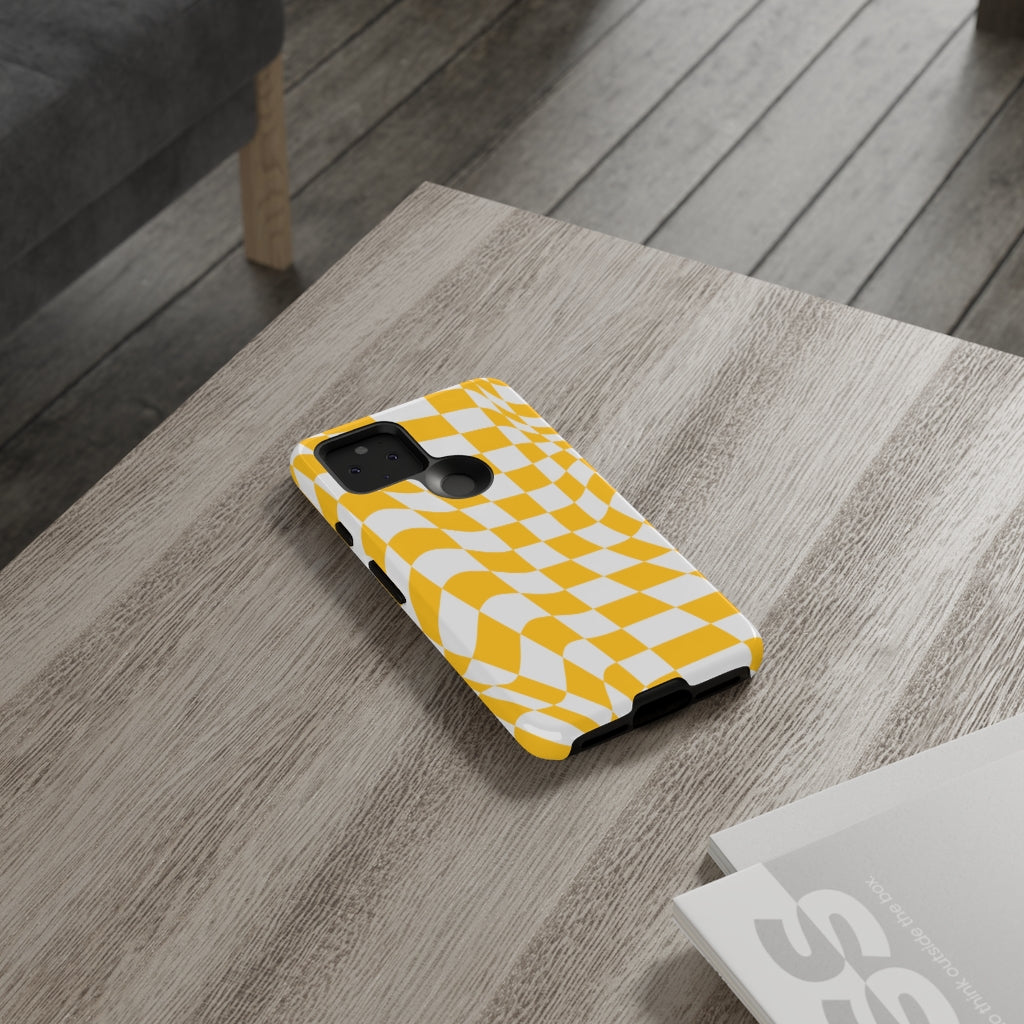 Old School Checkered Retro Groovy Vibe Wavy Checkerboard Phone Case / Yellow