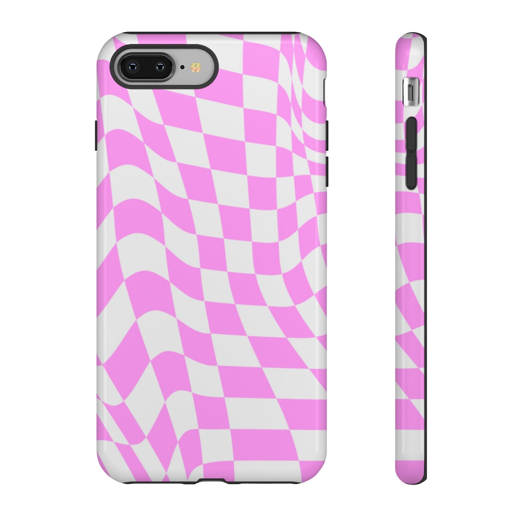 Old School Checkered Retro Groovy Vibe Wavy Checkerboard Phone Case / Pink