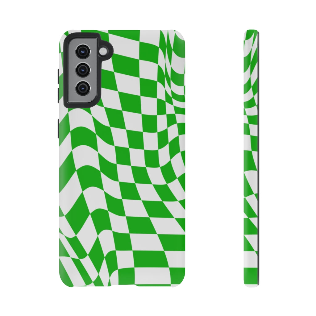 Old School Checkered Retro Groovy Vibe Wavy Checkerboard Phone Case / Retro Green