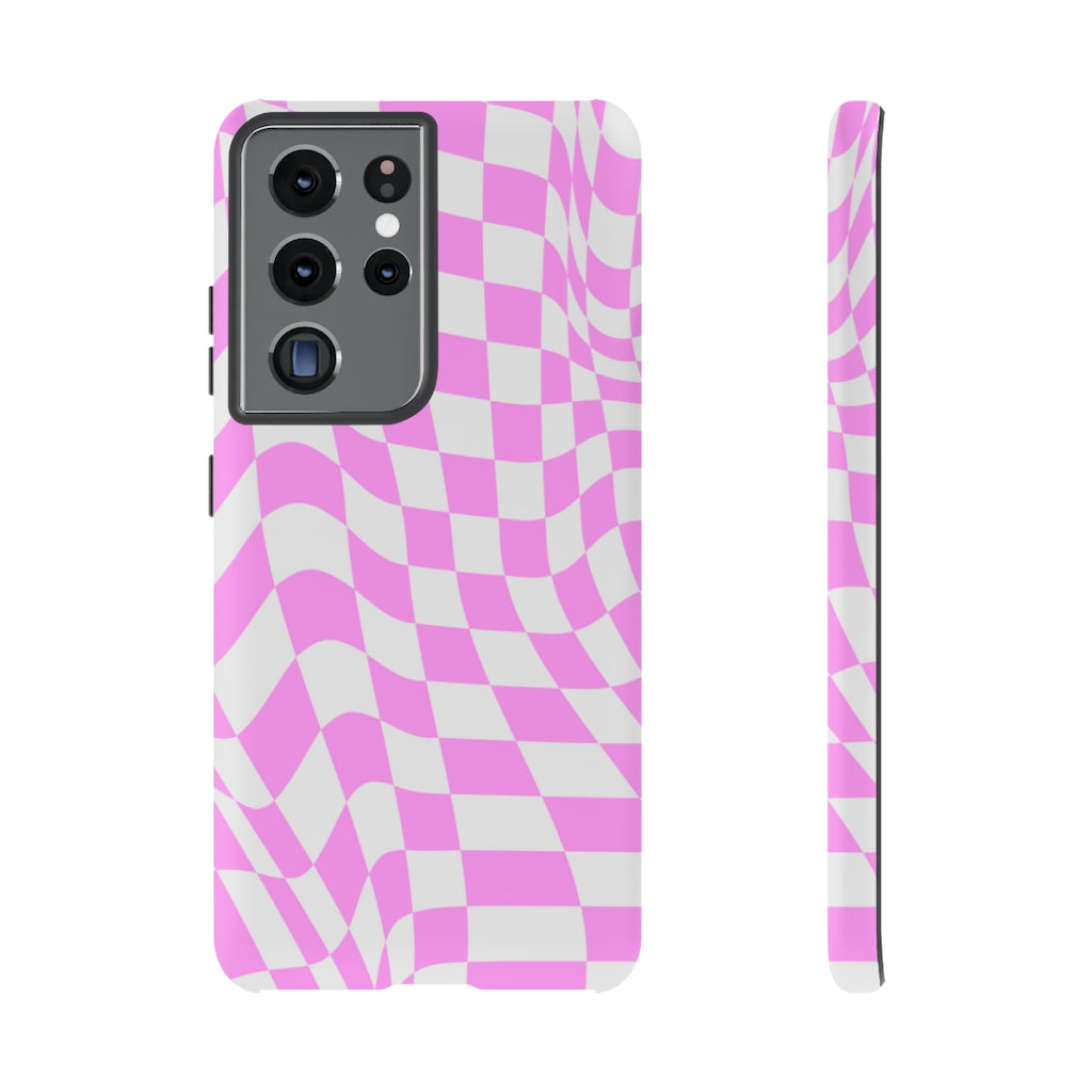 Old School Checkered Retro Groovy Vibe Wavy Checkerboard Phone Case / Pink