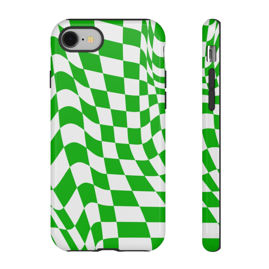 Old School Checkered Retro Groovy Vibe Wavy Checkerboard Phone Case / Retro Green