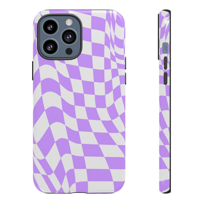 Old School Checkered Retro Groovy Vibe Wavy Checkerboard Phone Case / Purple