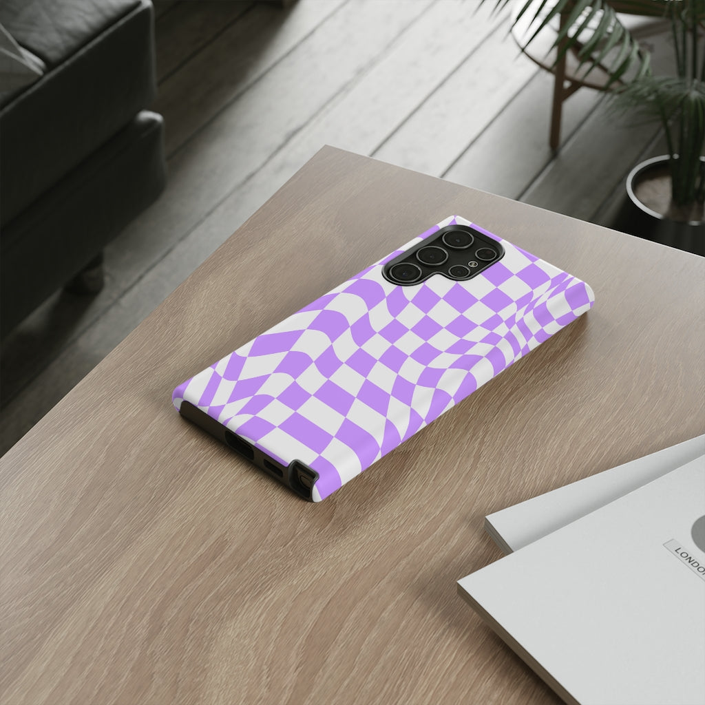 Old School Checkered Retro Groovy Vibe Wavy Checkerboard Phone Case / Purple